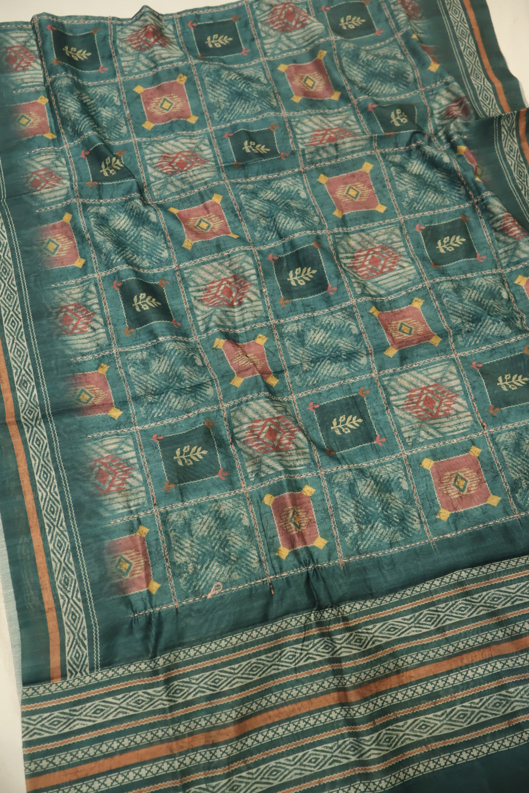 Deep Teal Chanderi Hand Embroidered Unstitched Suit Set with Chanderi Printed And Thread Worked Dupatta The Banarasee Aura