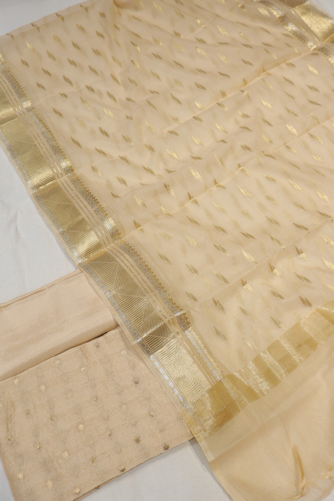 Cream Pure Chanderi Silk Woven Unstitched Suit Set With Pure Chanderi Silk Sona Roopa Woven Dupatta The Banarasee Aura
