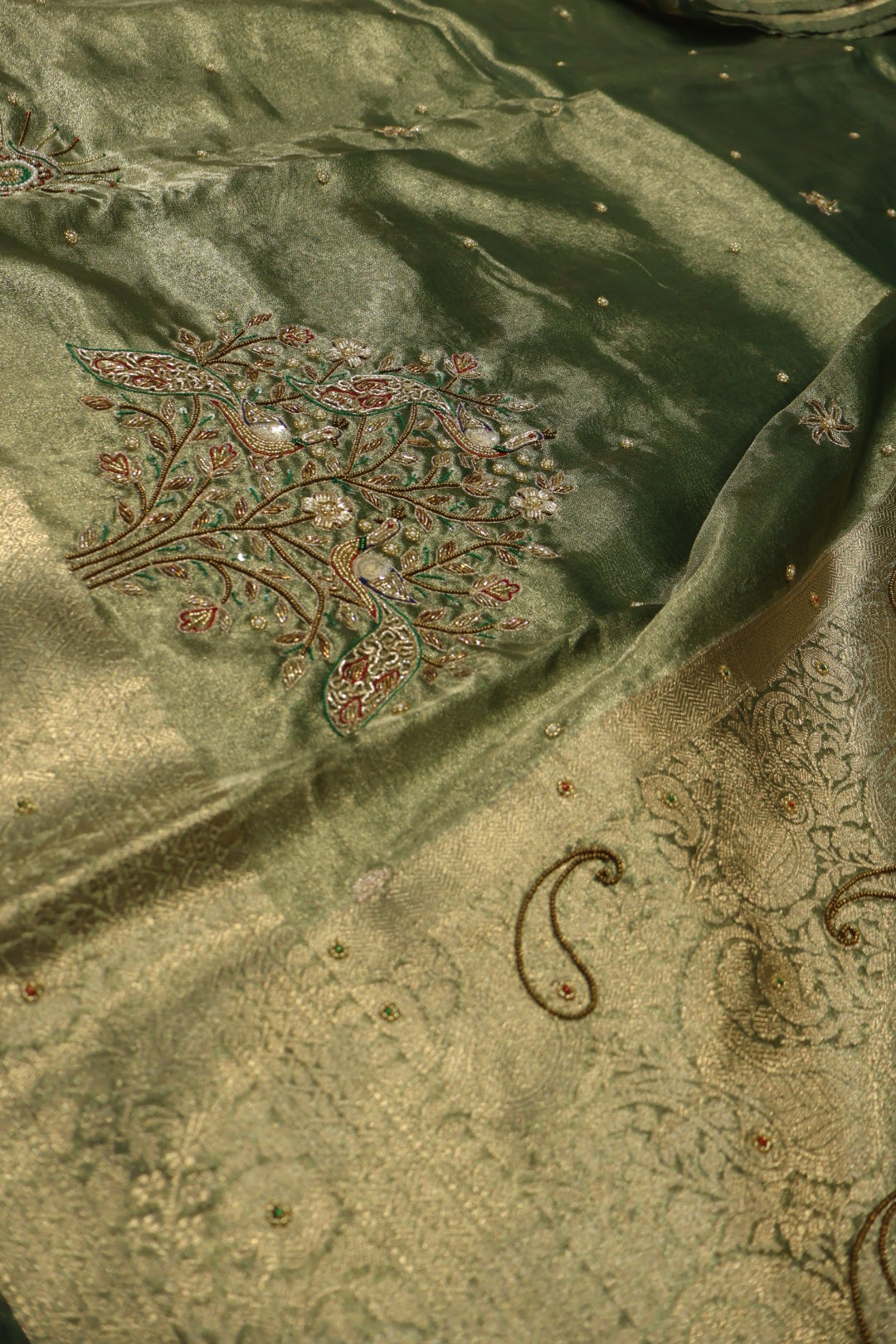 Green - Gold Banarasi Tissue Organza Hand Embroidered Saree With Hand Embroidered Blouse The Banarasee Aura
