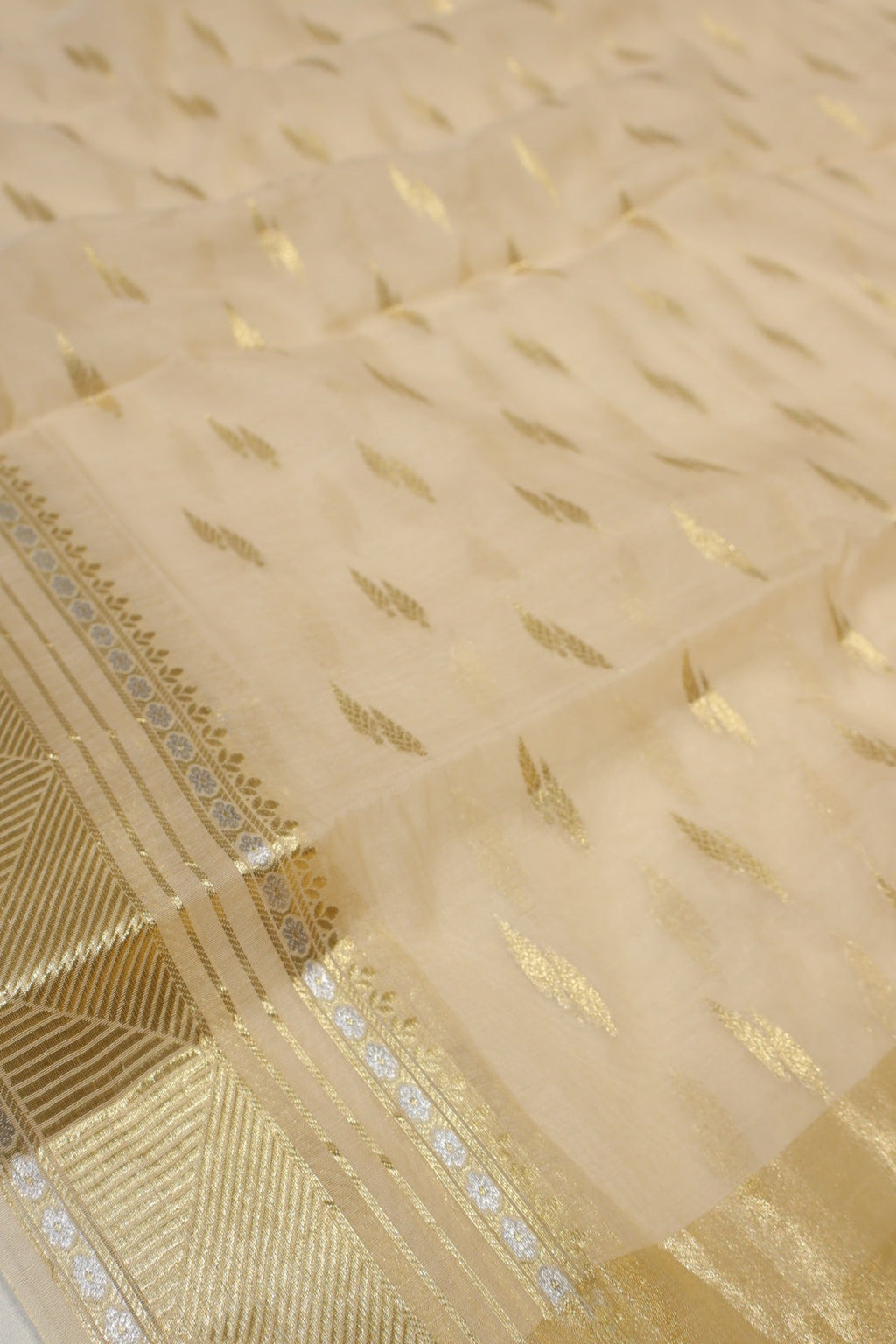 Cream Pure Chanderi Silk Woven Unstitched Suit Set With Pure Chanderi Silk Sona Roopa Woven Dupatta The Banarasee Aura