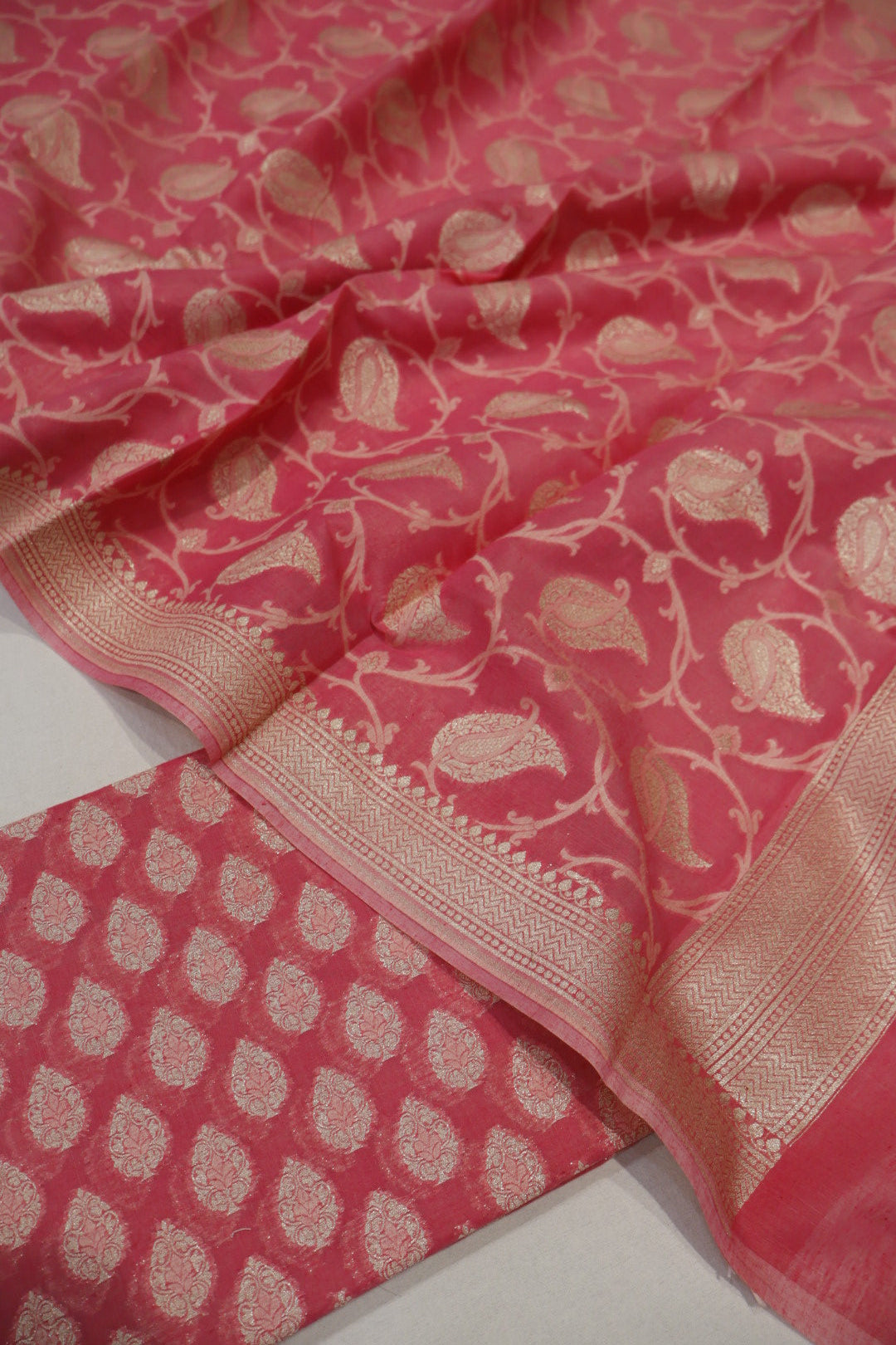 Pink Banarasi Chanderi Silk Blend  Woven Unstitched Suit Set With Chanderi Woven Dupatta The Banarasee Aura