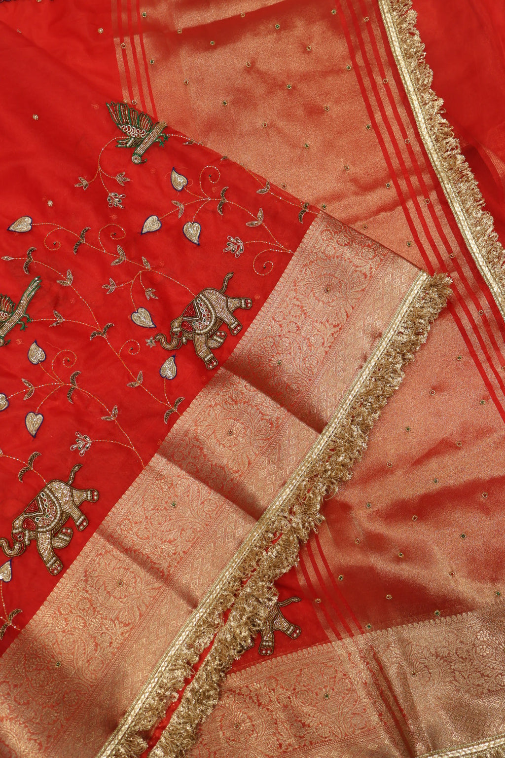 Red Banarasi Kora Silk Hand Embroidered Saree With Hand Embroidered Blouse The Banarasee Aura