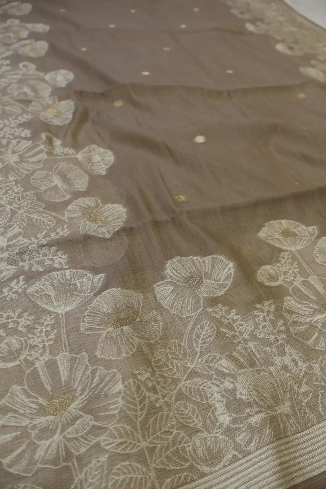 Taupe Brown Banarasi Chanderi Silk Blend Jamdani Woven Unstitched Suit Set With Chanderi Woven Dupatta The Banarasee Aura