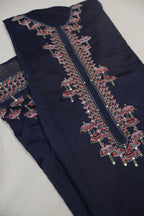 Deep Navy Blue Muslin Silk Embroidered Unstitched Suit Set With Muslin Silk Embroidered Dupatta The Banarasee Aura