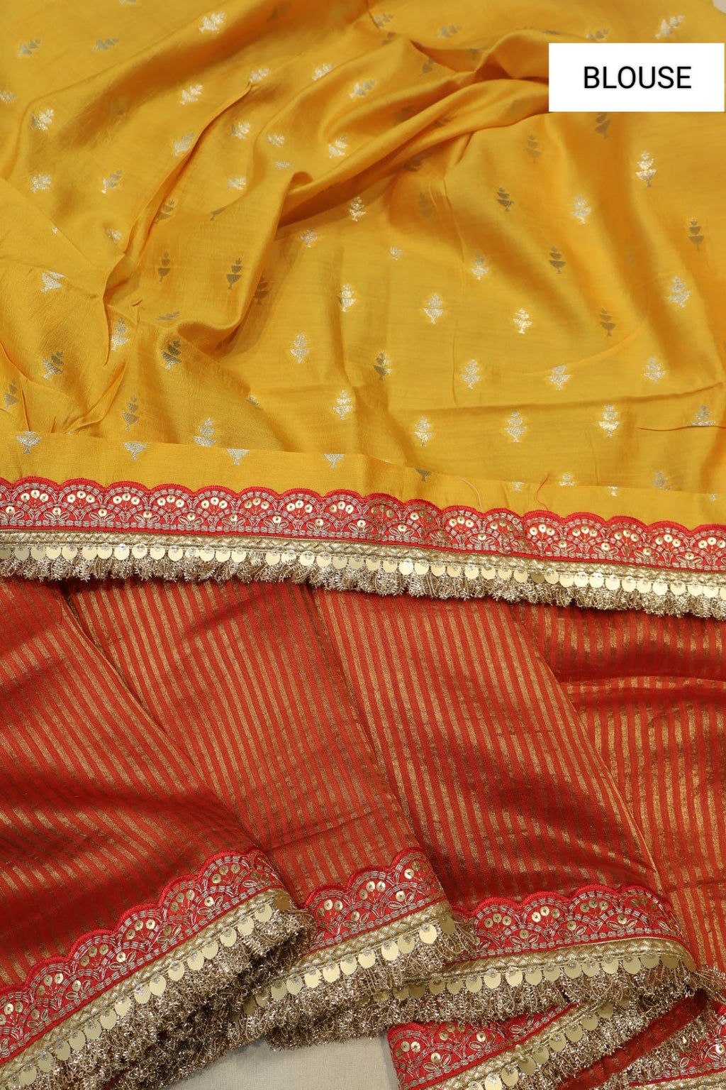 Red Pure Banarasi Tissue Stripes Saree With Contrast Pure Silk Kadhwa Blouse The Banarasee Aura