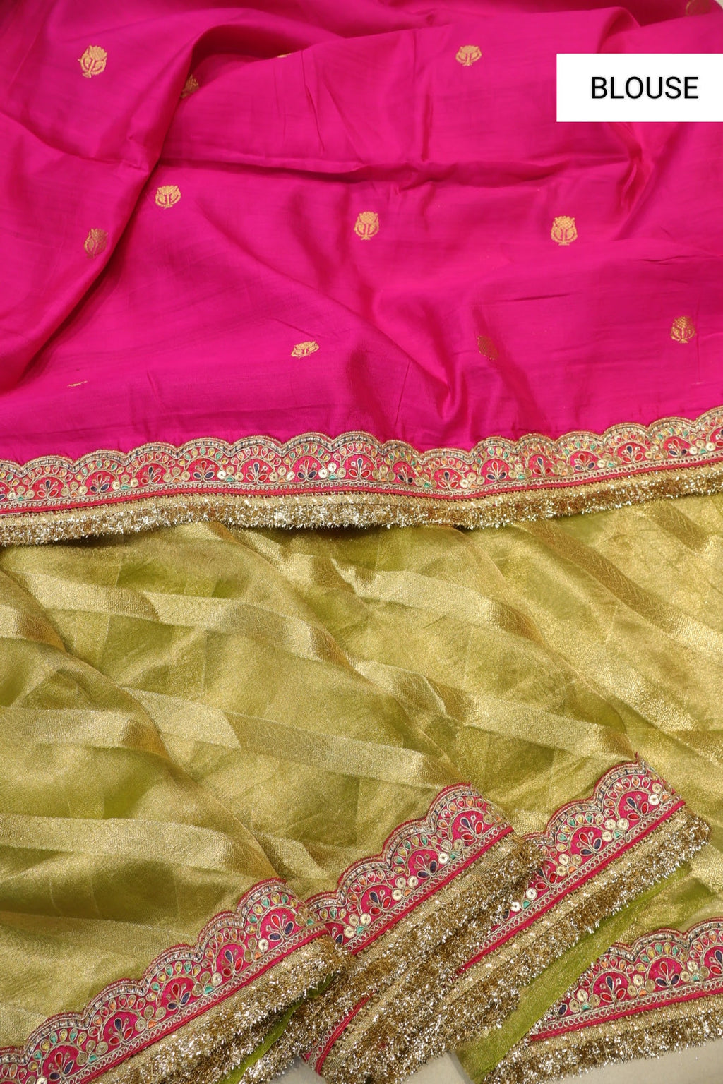 Green - Gold Pure Banarasi Tissue Silk Weaved Saree With Pure Contrast Silk Kadhwa Blouse The Banarasee Aura