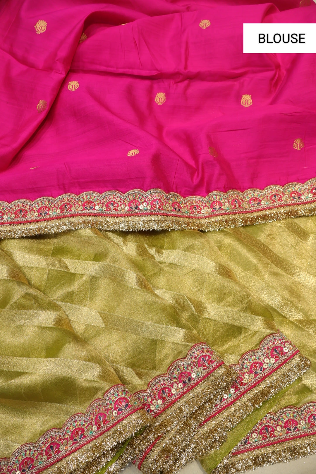 Green - Gold Pure Banarasi Tissue Silk Weaved Saree With Pure Contrast Silk Kadhwa Blouse The Banarasee Aura