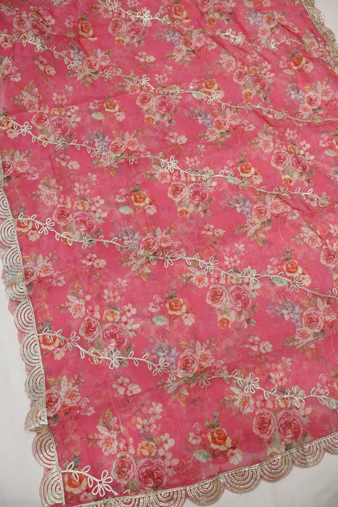 Pink Chanderi Lehriya Hand Embroidered and Woven Unstitched Suit Set With Organza Digital Printed Gotta Work Dupatta The Banarasee Aura