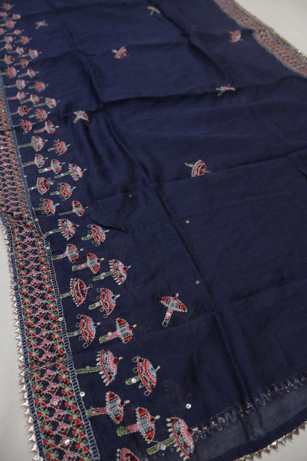 Deep Navy Blue Muslin Silk Embroidered Unstitched Suit Set With Muslin Silk Embroidered Dupatta The Banarasee Aura