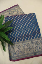 Royal Blue - Magenta Chanderi Silk Banarasi Zari Weaved Saree With Blouse The Banarasee Aura