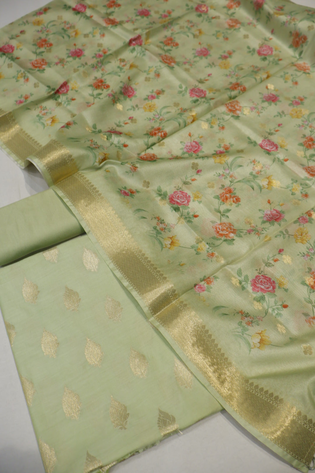 Mint Green Banarasi Silk Blend  Woven Unstitched Suit Set With Chanderi Woven Dupatta The Banarasee Aura
