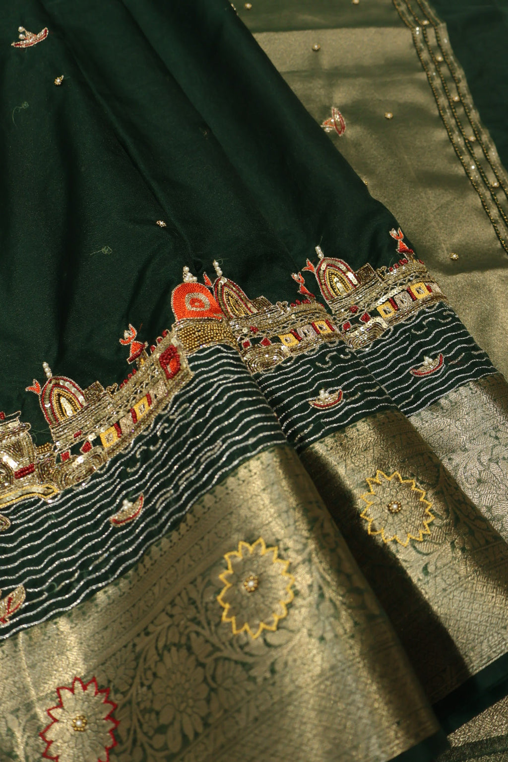 Bottle Green Banarasi Kora Silk Hand Embroidered Banarasi Ghat Saree Without Blouse The Banarasee Aura