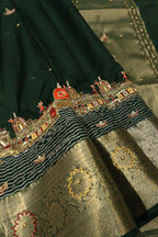 Bottle Green Banarasi Kora Silk Hand Embroidered Banarasi Ghat Saree Without Blouse The Banarasee Aura