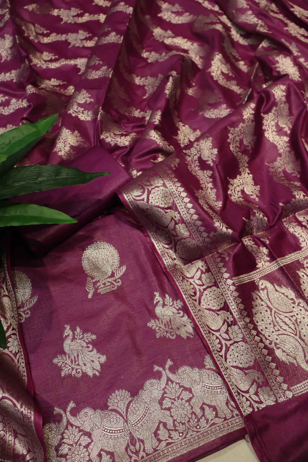 Royal Wine Katan Silk Shikargah Woven Unstitched Banarasi Suit Set The Banarasee Aura