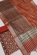 Red Banarasi Pure Chanderi Silk Hand Blocked and Woven Unstitched Suit Set With Pure Chanderi Silk Hand Blocked Woven Dupatta The Banarasee Aura
