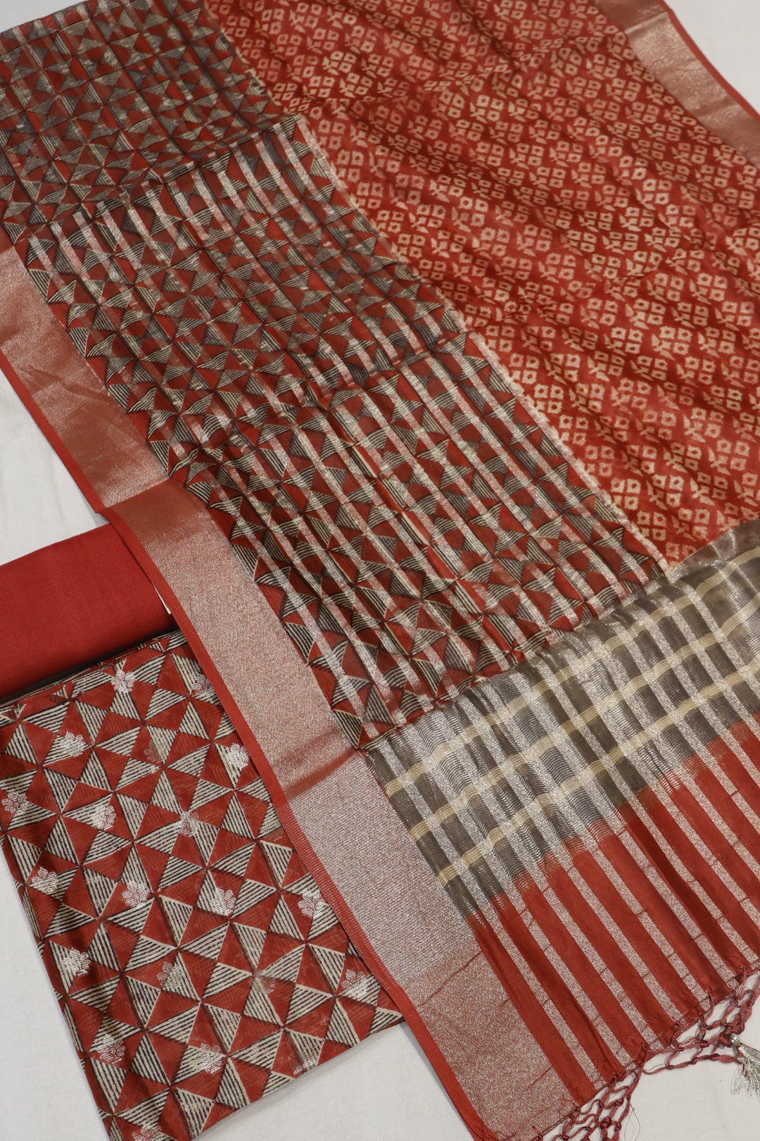 Red Banarasi Pure Chanderi Silk Hand Blocked and Woven Unstitched Suit Set With Pure Chanderi Silk Hand Blocked Woven Dupatta The Banarasee Aura