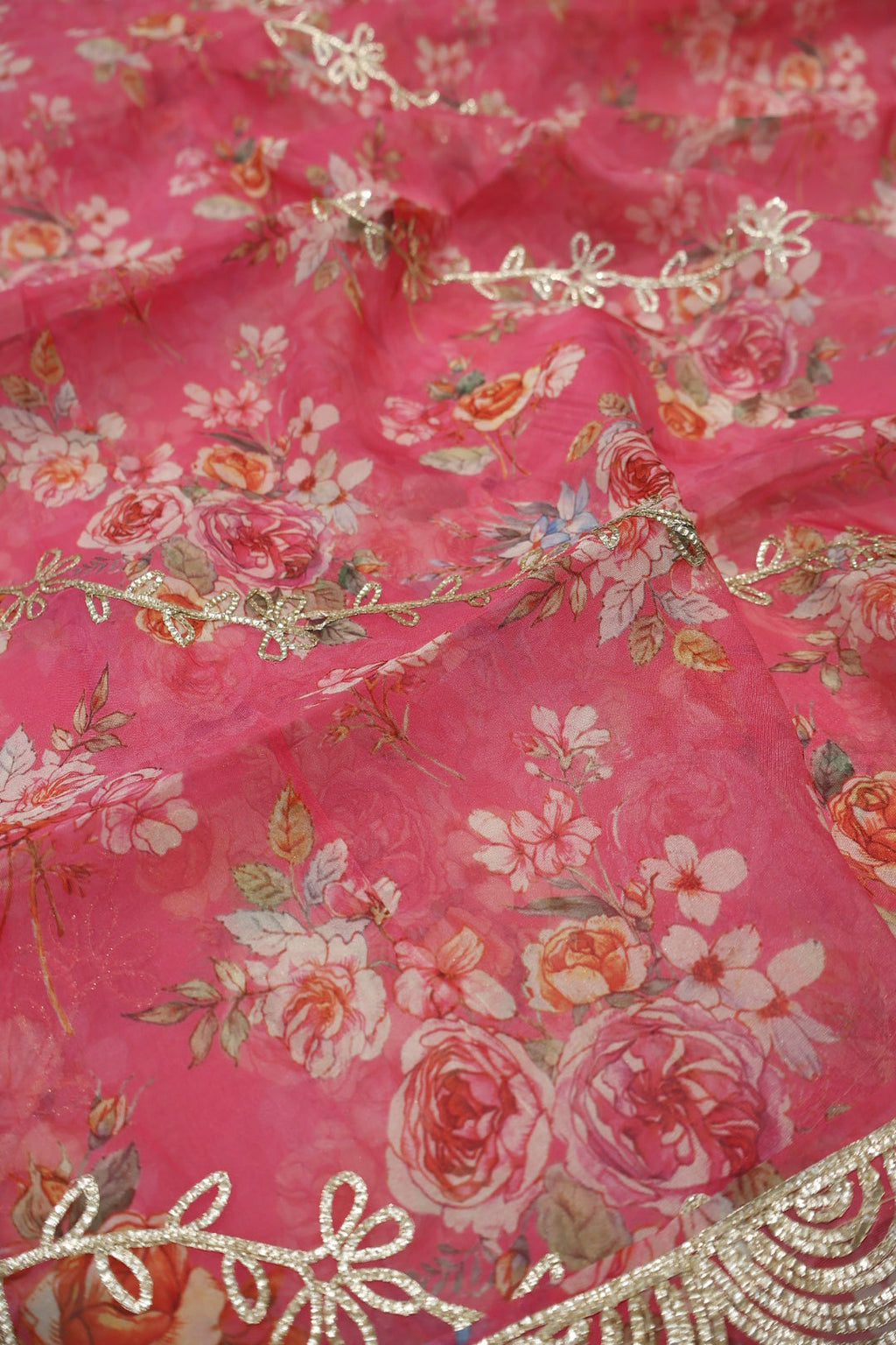 Pink Chanderi Lehriya Hand Embroidered and Woven Unstitched Suit Set With Organza Digital Printed Gotta Work Dupatta The Banarasee Aura