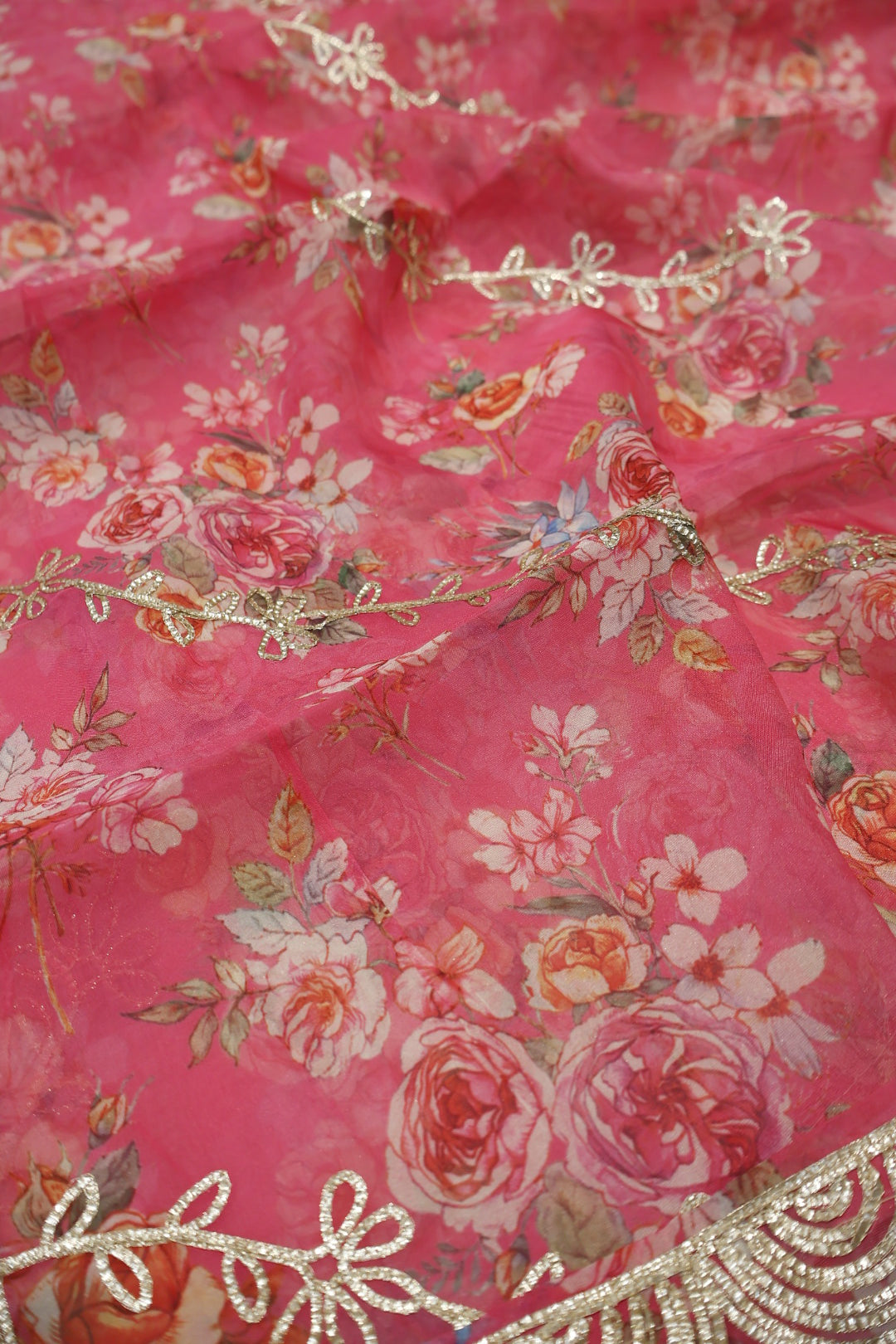 Pink Chanderi Lehriya Hand Embroidered and Woven Unstitched Suit Set With Organza Digital Printed Gotta Work Dupatta The Banarasee Aura