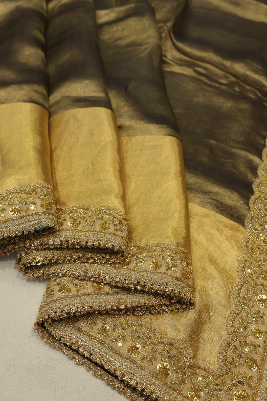 Antique Golden Pure Banarasi Tissue Silk Saree With Contrast Brocade Woven Blouse The Banarasee Aura