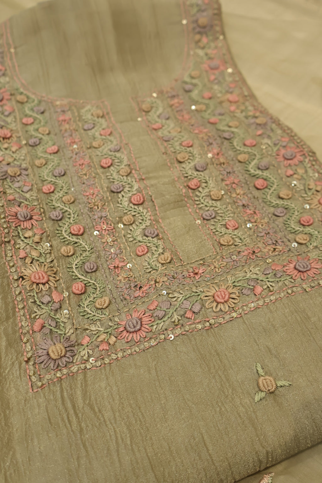 Olive Green Crushed Tissue Hand Embroidered Unstitched Suit Set with Chanderi Embroidered Dupatta The Banarasee Aura