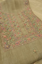 Olive Green Crushed Tissue Hand Embroidered Unstitched Suit Set with Chanderi Embroidered Dupatta The Banarasee Aura