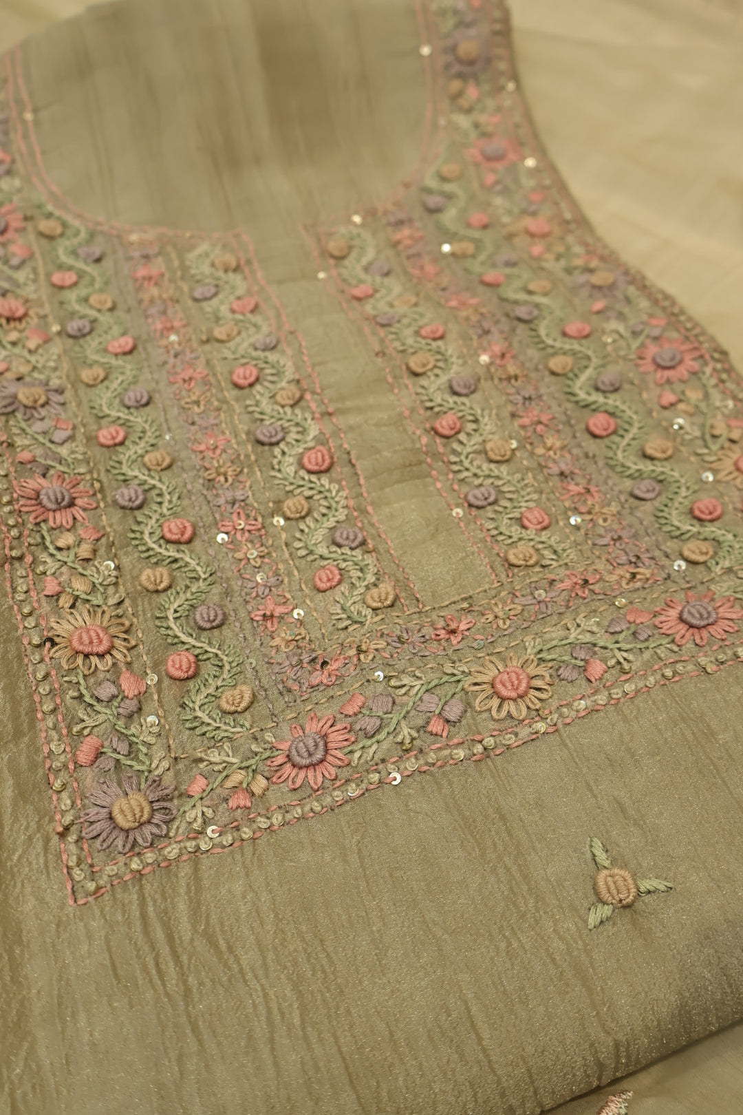 Olive Green Crushed Tissue Hand Embroidered Unstitched Suit Set with Chanderi Embroidered Dupatta The Banarasee Aura