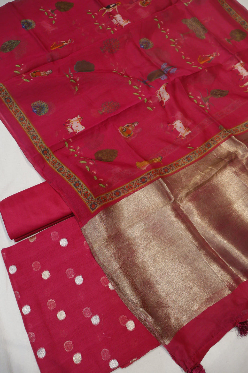 Rani Pink Pure Mul Chanderi Sona Roopa Woven Unstitched Suit Set With Pure Mul Chanderi Digital Printed and Tissue Border Dupatta The Banarasee Aura