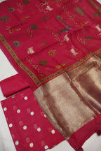 Rani Pink Pure Mul Chanderi Sona Roopa Woven Unstitched Suit Set With Pure Mul Chanderi Digital Printed and Tissue Border Dupatta The Banarasee Aura