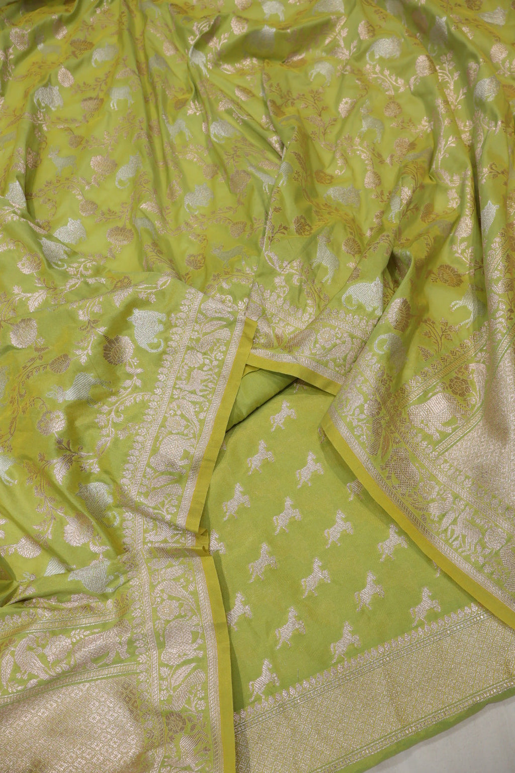 Lime Green Katan Silk Woven Unstitched Suit Set With Katan Silk Shikargah Sona Roopa Woven Dupatta The Banarasee Aura