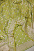 Lime Green Katan Silk Woven Unstitched Suit Set With Katan Silk Shikargah Sona Roopa Woven Dupatta The Banarasee Aura
