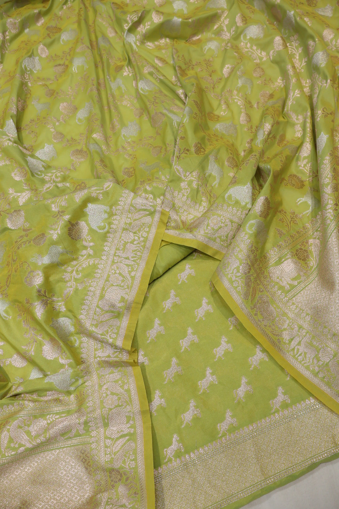 Lime Green Katan Silk Woven Unstitched Suit Set With Katan Silk Shikargah Sona Roopa Woven Dupatta The Banarasee Aura