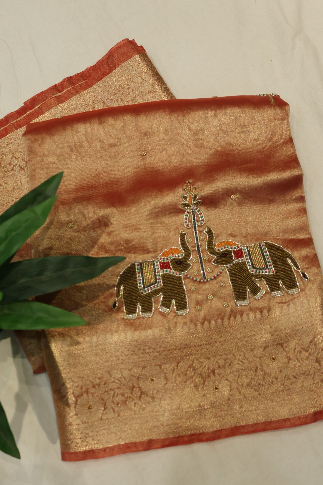 Rust - Gold Banarasi Tissue Organza Hand Embroidered Saree With Hand Embroidered Blouse The Banarasee Aura