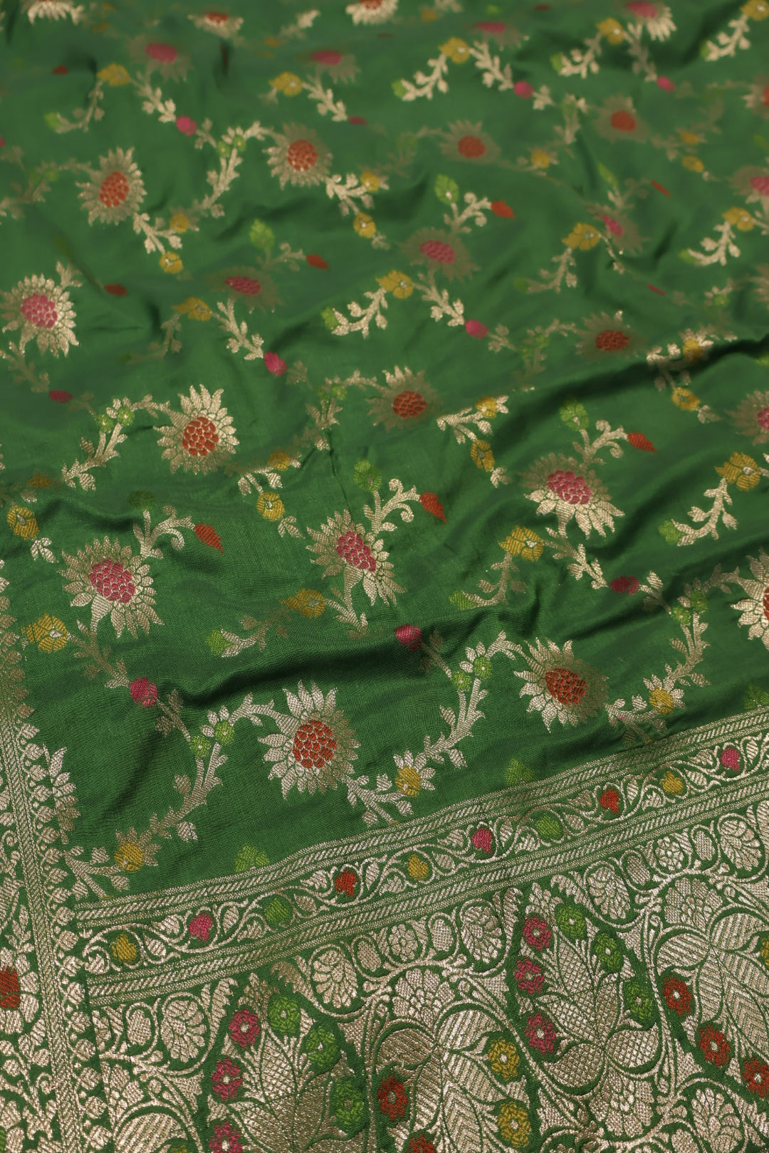 Bottle Green Satin Silk Tilfi Meenakari Woven Unstitched Banarasi Suit Set The Banarasee Aura