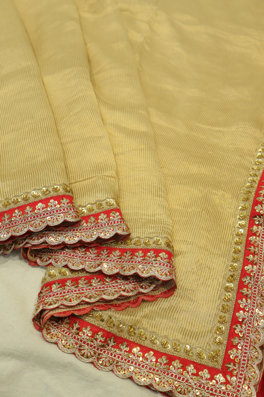 Beige Pure Banarasi Tissue Stripes Saree With Contrast Pure Silk Kadhwa Blouse The Banarasee Aura