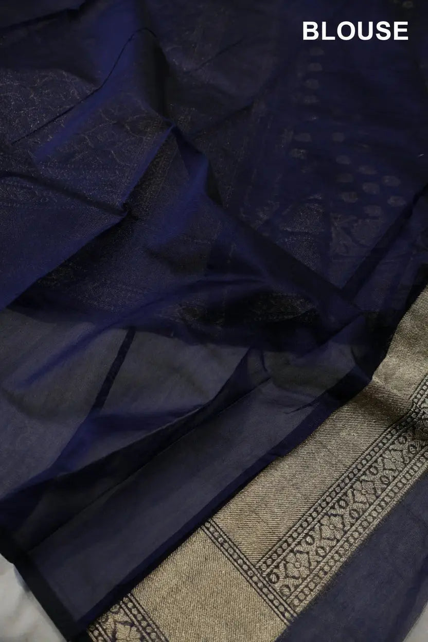 Navy Blue Chanderi Silk Banarasi Zari Weaved Saree With Blouse The Banarasee Aura