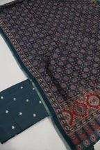 Dark Teal Blue Pure Chanderi Silk Woven Unstitched Suit Set With Pure Chanderi Silk Digital PrintedDupatta The Banarasee Aura