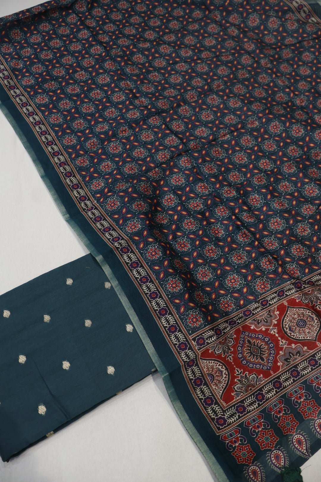 Dark Teal Blue Pure Chanderi Silk Woven Unstitched Suit Set With Pure Chanderi Silk Digital PrintedDupatta The Banarasee Aura