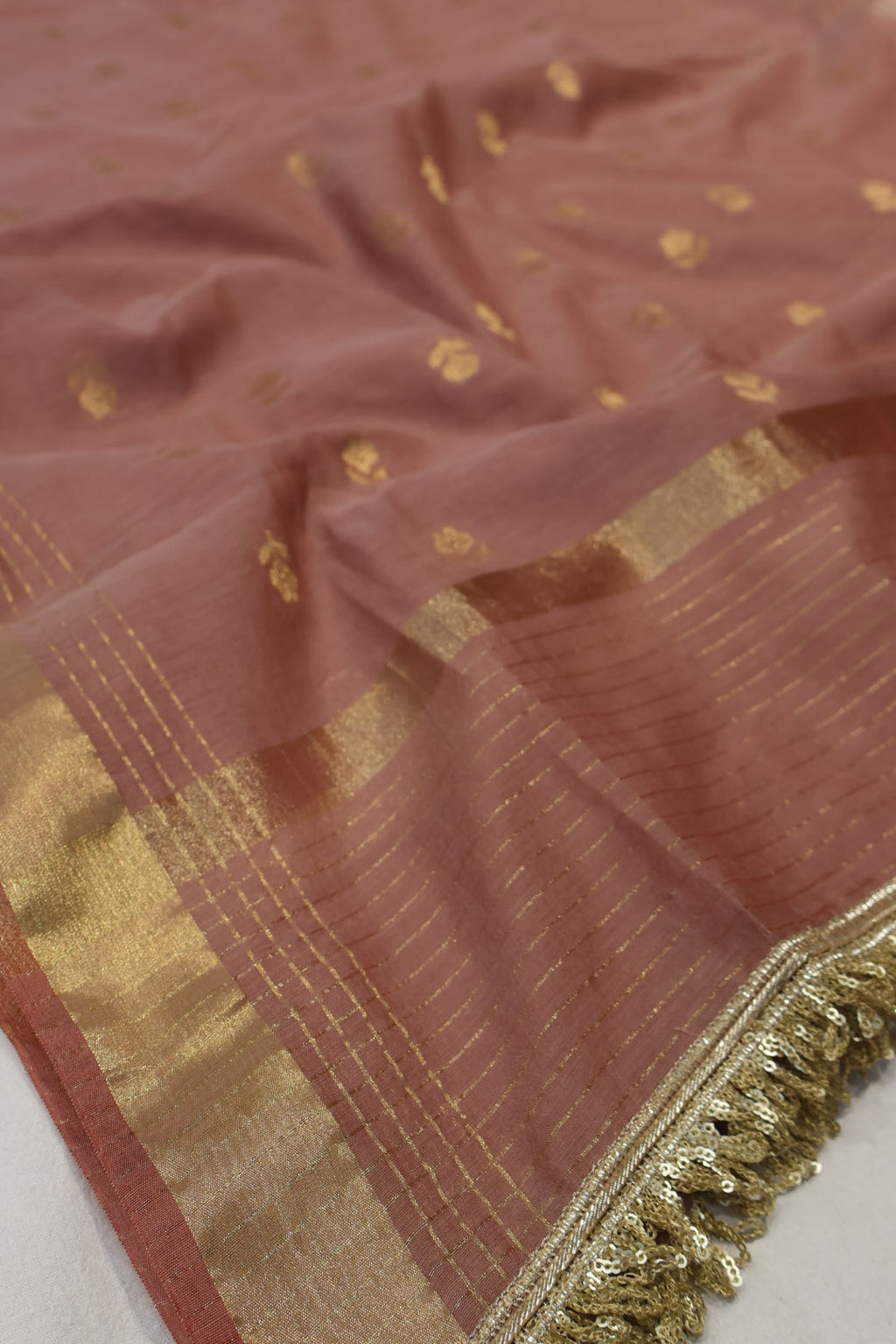 Rose Brown Banarasi Pure Tissue Stripes Hand Embroidered Unstitched Suit Set with Pure Chanderi Silk Woven Dupatta The Banarasee Aura