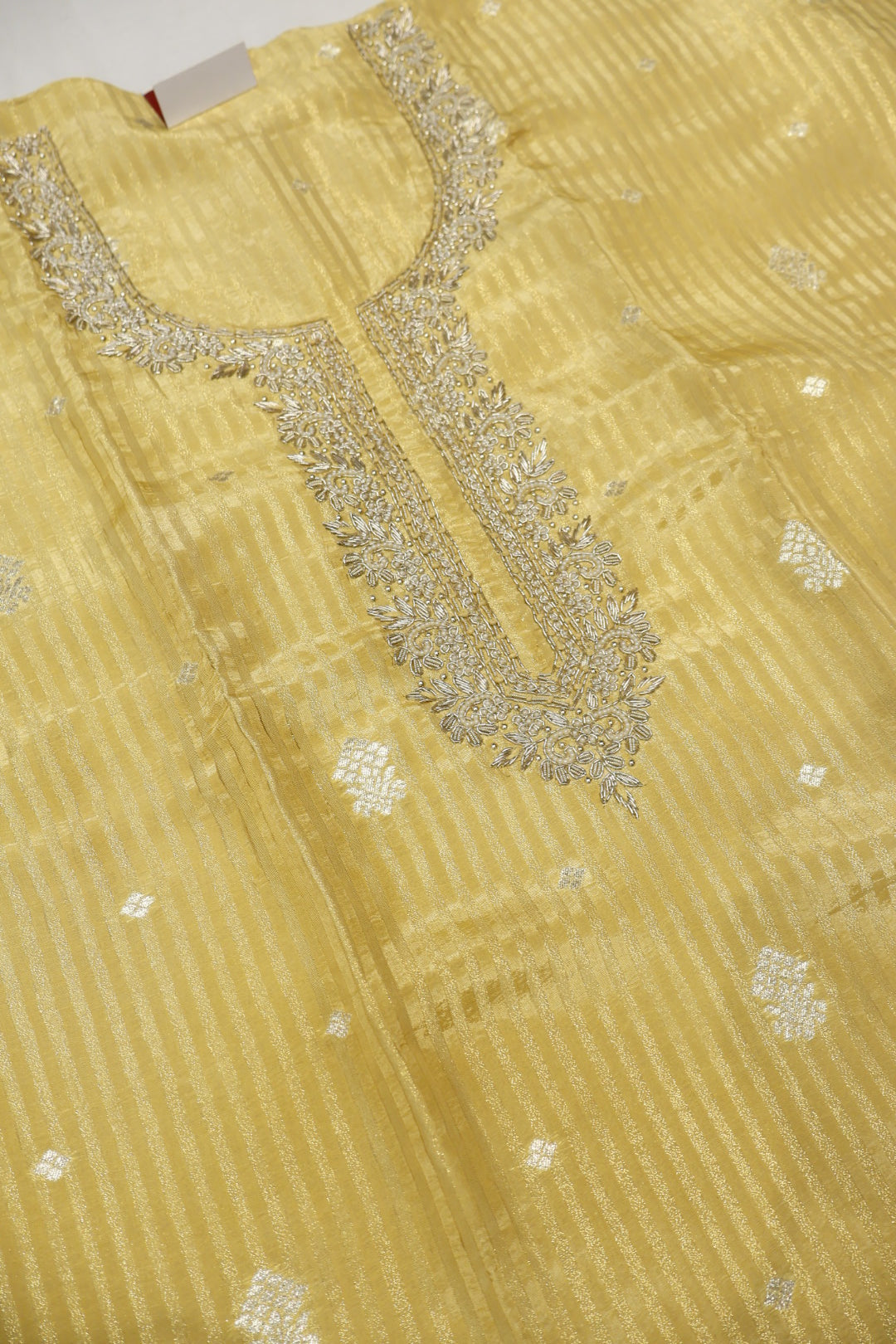 Yellow Uppada Silk with Tissue Stripes Hand Embroidered and Woven Unstitched Suit Set With Tissue Silk Woven Dupatta The Banarasee Aura