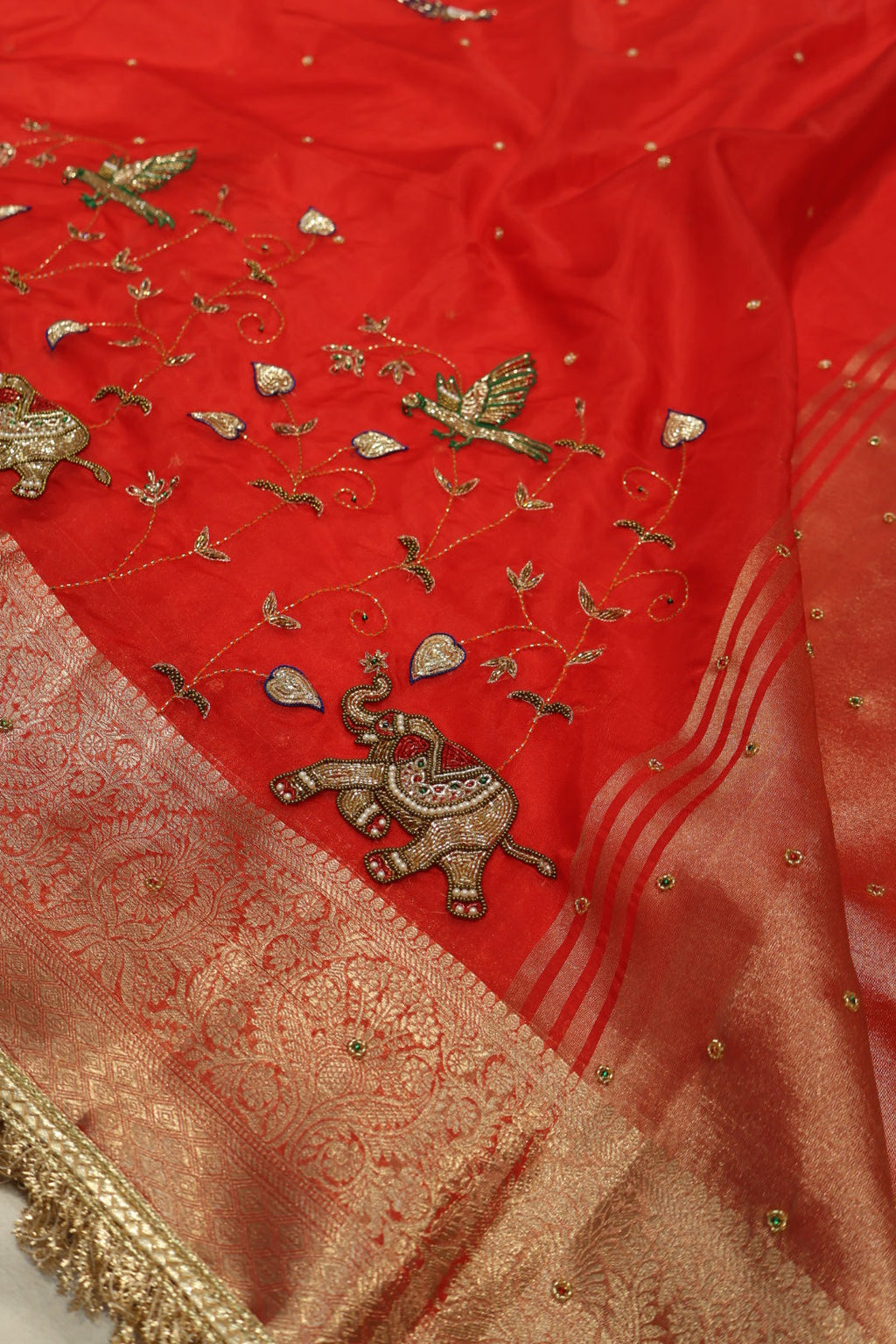 Red Banarasi Kora Silk Hand Embroidered Saree With Hand Embroidered Blouse The Banarasee Aura