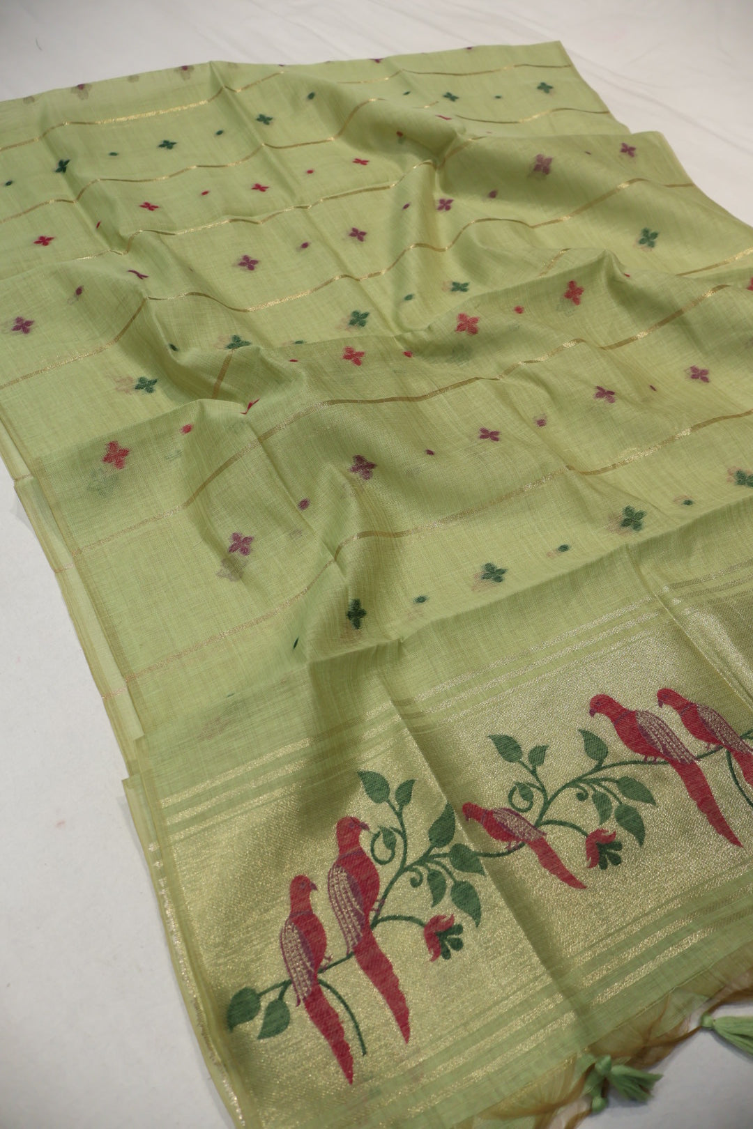 Green Banarasi Chanderi Silk Blend Jamdani Woven Unstitched Suit Set With Chanderi Woven Dupatta The Banarasee Aura