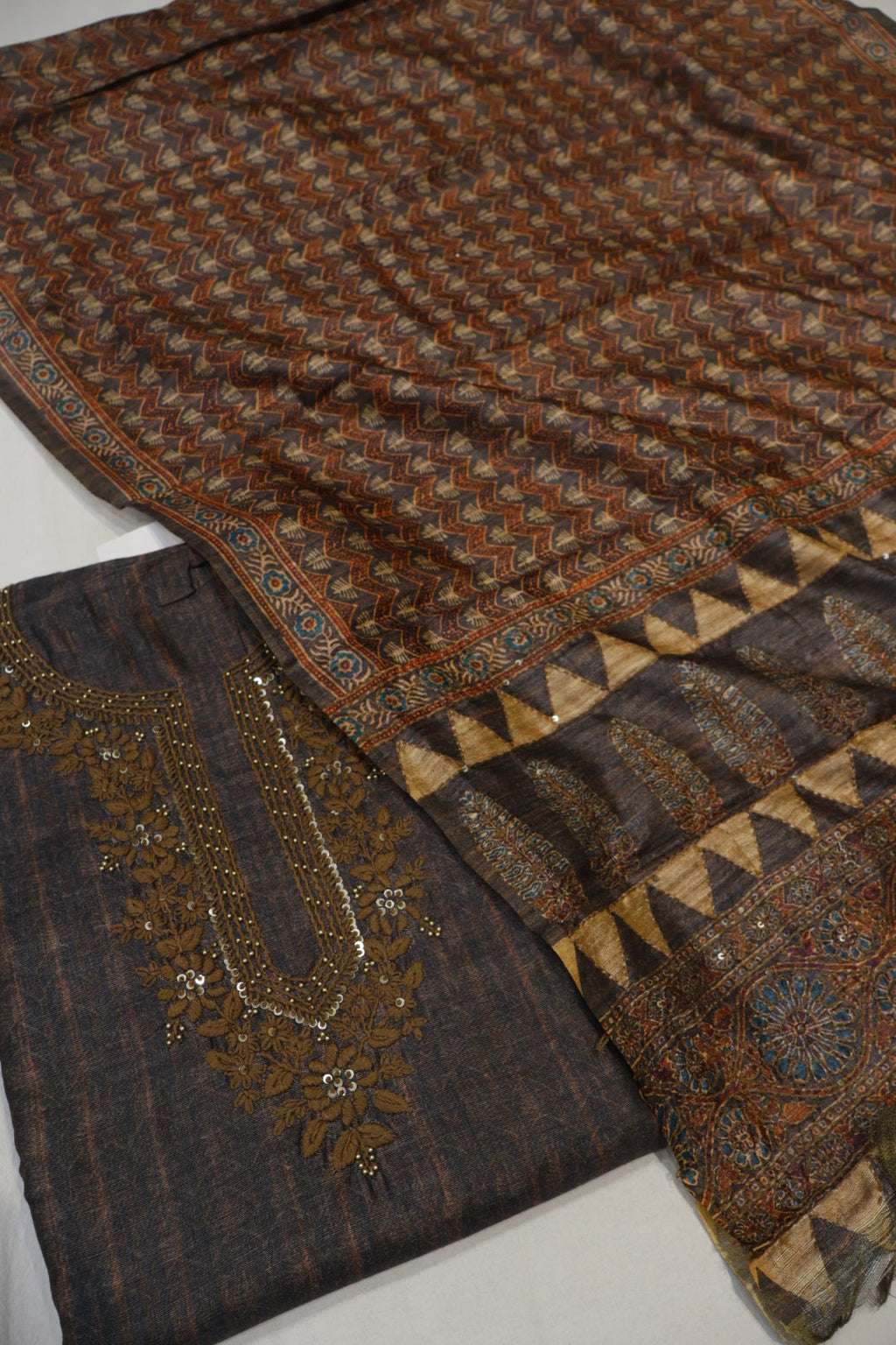 Charcoal Brown Chanderi Silk Printed and Embroidered Unstitched Suit Set With Chanderi Digital Printed And Embroidered Dupatta The Banarasee Aura