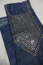 Midnight Blue Chanderi Printed and Embroidered Unstitched Suit Set With Chanderi Digital Printed Dupatta The Banarasee Aura