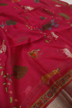 Rani Pink Pure Mul Chanderi Sona Roopa Woven Unstitched Suit Set With Pure Mul Chanderi Digital Printed and Tissue Border Dupatta The Banarasee Aura