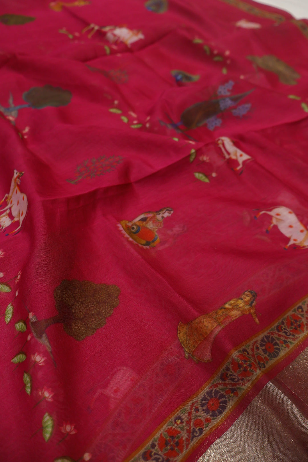 Rani Pink Pure Mul Chanderi Sona Roopa Woven Unstitched Suit Set With Pure Mul Chanderi Digital Printed and Tissue Border Dupatta The Banarasee Aura