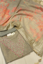 Grey Tissue Silk Hand Embroidered Banarasi Unstitched Suit Set with Tissue Silk Printed Dupatta The Banarasee Aura
