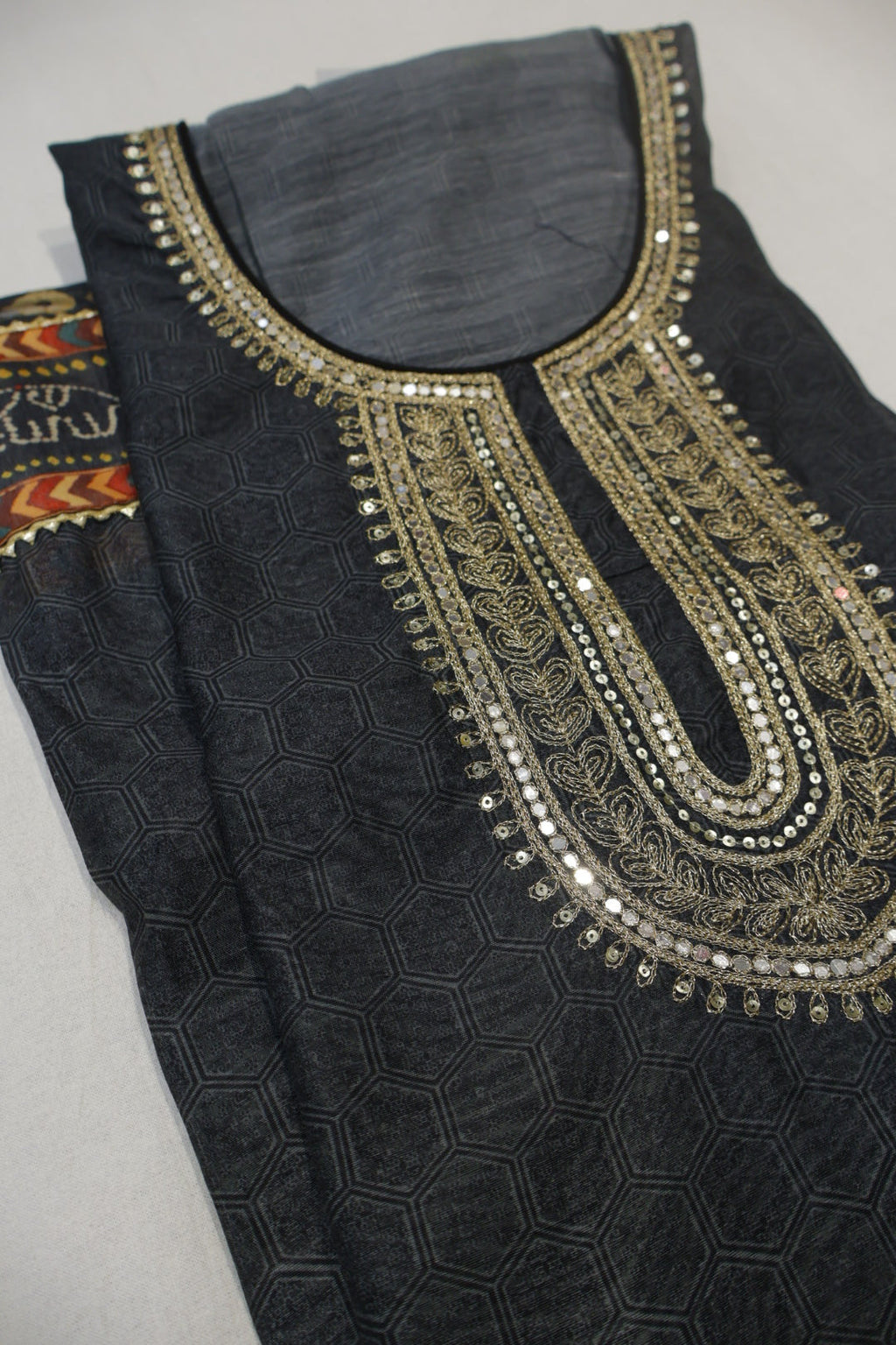 Black Chanderi Embroidered Unstitched Suit Set With Chanderi Digital Printed Dupatta The Banarasee Aura
