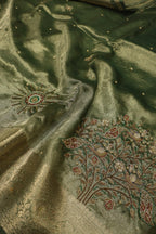 Green - Gold Banarasi Tissue Organza Hand Embroidered Saree With Hand Embroidered Blouse The Banarasee Aura