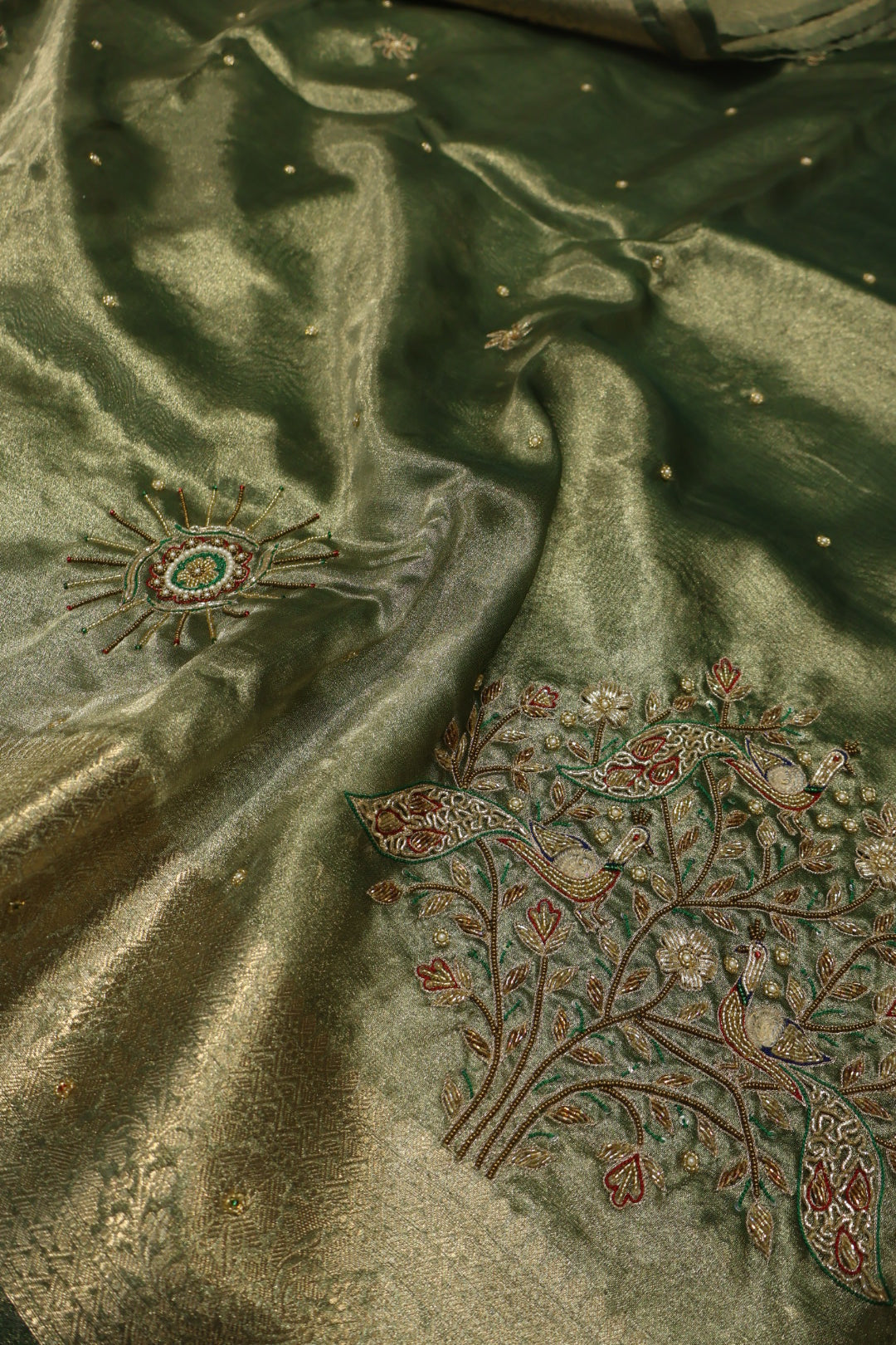 Green - Gold Banarasi Tissue Organza Hand Embroidered Saree With Hand Embroidered Blouse The Banarasee Aura