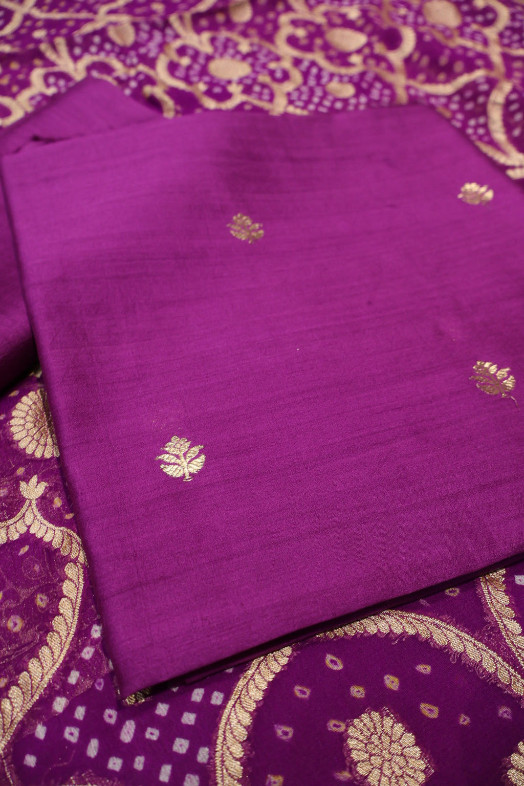 Royal Purple Pure Banarasi Chiniyal Silk Unstitched Suit Set With Pure Khadi Georgette Bandhej Dupatta The Banarasee Aura